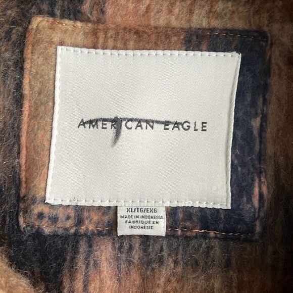 AMERICAN EAGLE Brushed Shacket Size XL Oversized Brown Navy Plaid Western Boho - Picture 2 of 11